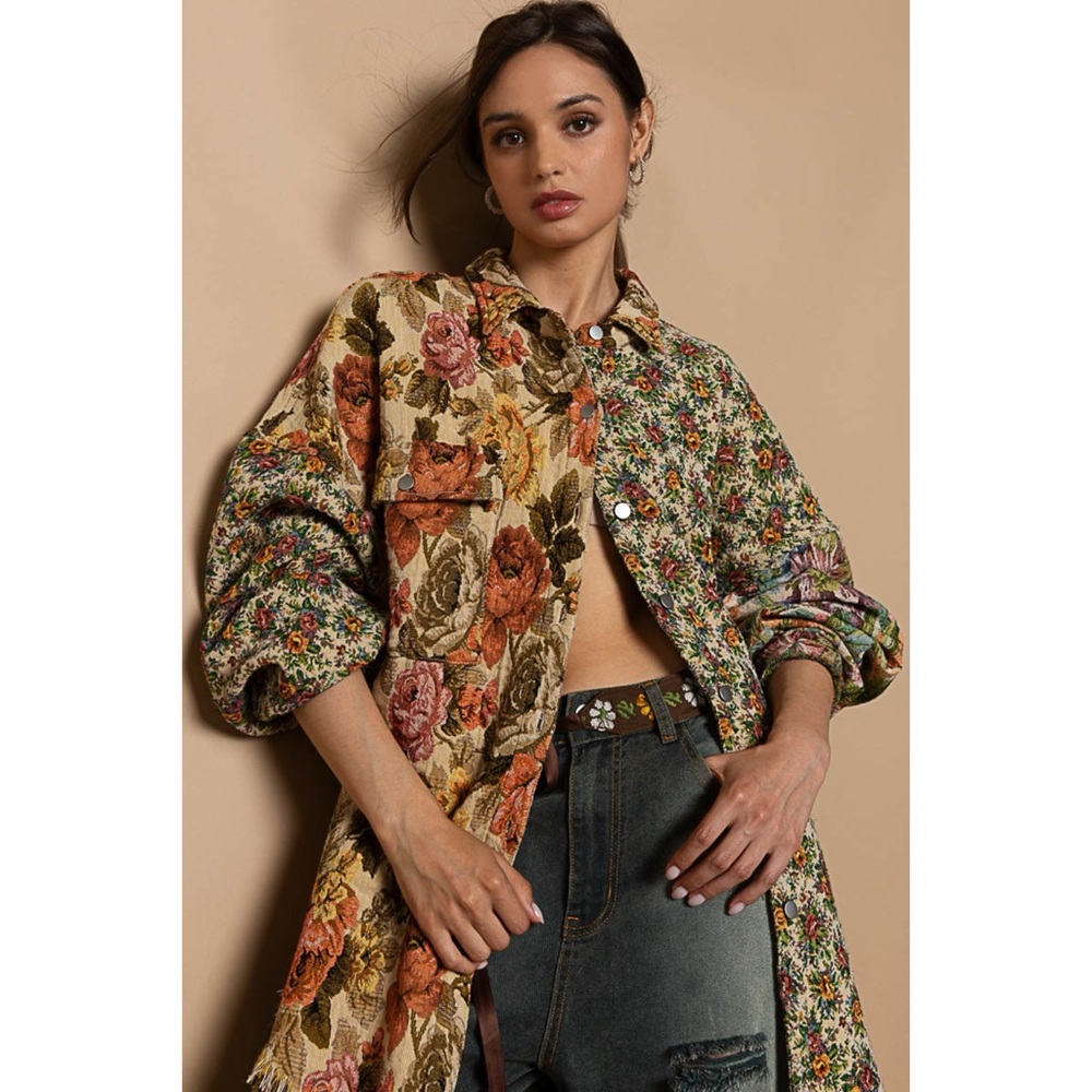 POL My Vintage Romance Mixed Floral Jacquard Button Down in Cream Orange Yellow